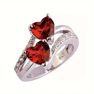 Double Heart Synthetic Ruby and CZ Accents Rings Size 7
